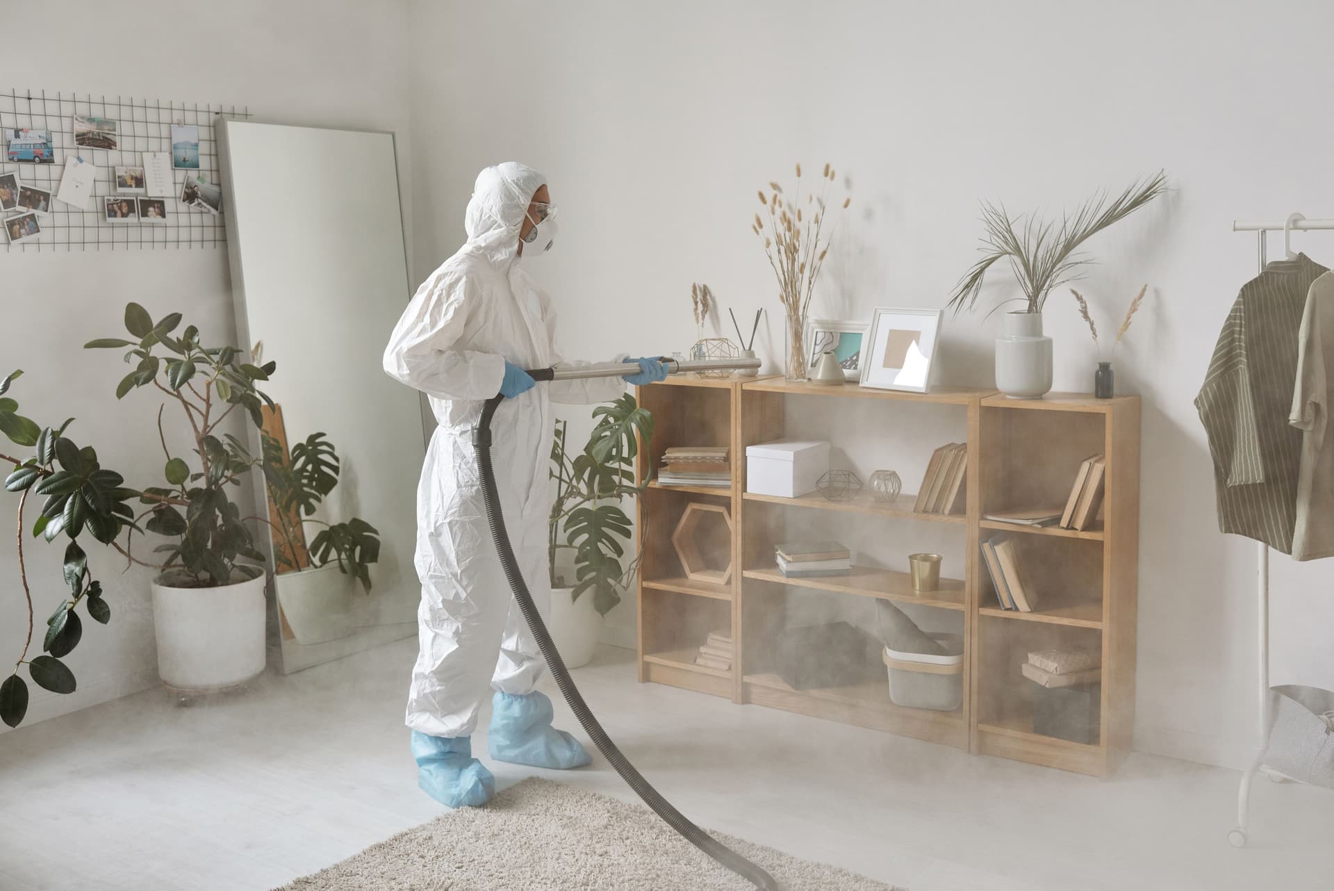 Person in a protective suit spraying shelves in a living room.