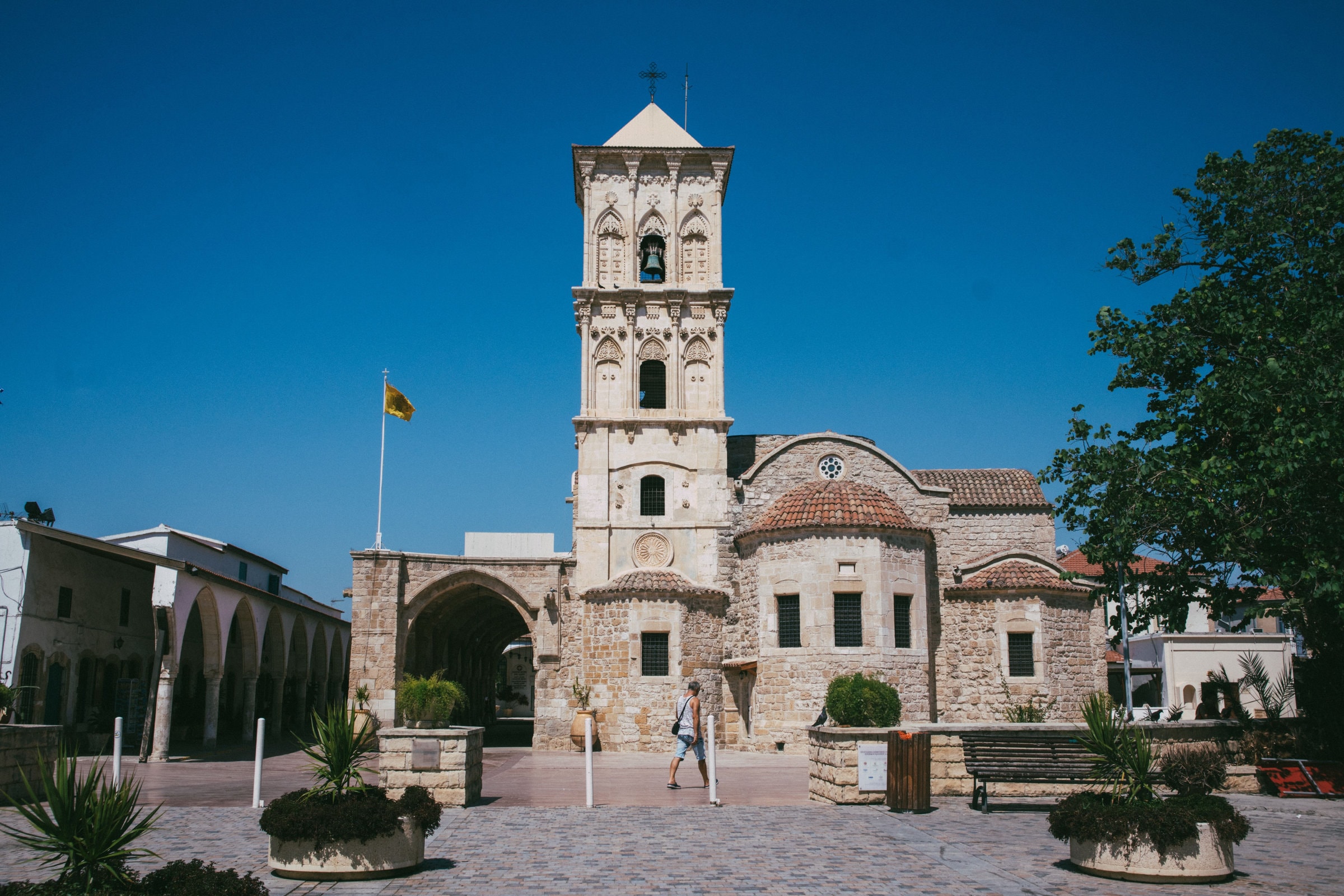 Stunning view of St. Lazarus Church in Larnaca under a clear blue sky.